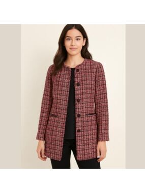 Talbots Petite Tweed Blazer 2P Pink Black Leather Trim Pocket Classic NEW W/TAG
